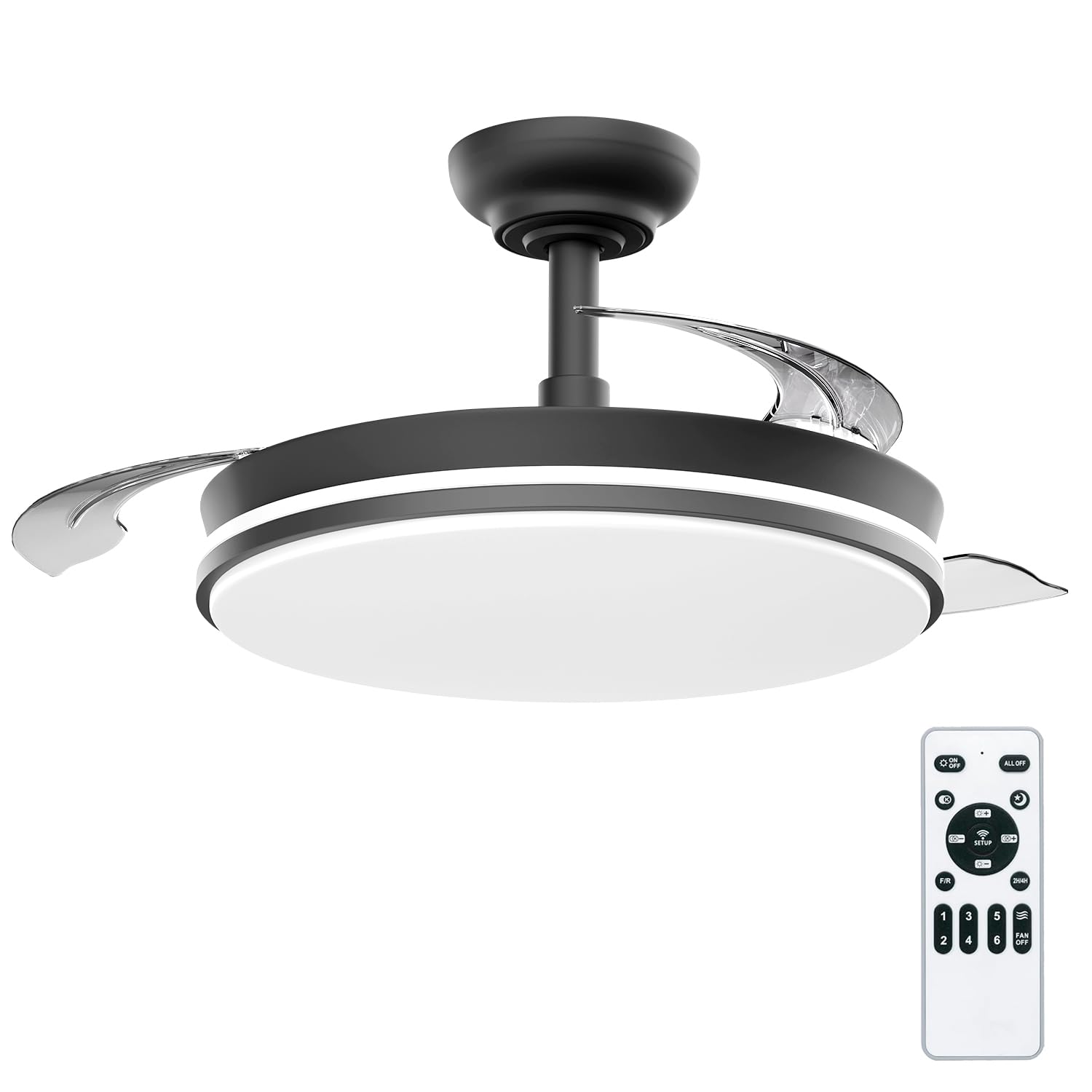Ventilador con Luz LED 72W 50CM de 7590lm, Motor DC, temporizador, 6 velocidades, aspas retráctiles, CCT, función verano-invierno Silencioso, Controlador Incorporado (Negro)