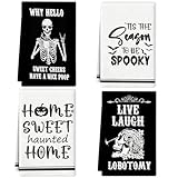 4 Pcs Halloween Kitchen Towels 15.7x23.6 Inches Funny Hand Towels for Bathroom Gothic Halloween Bathroom Decortions Scary Skull Live Laugh Lobotomy Dish Cloths Housewarming Gift for Home Wall Decor
