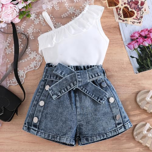 Kids Girls Summer 2 Piece Denim Outfits Sleeveless One Shoulder Ruffle Hem Tops + Trendy Jean Shorts Set2