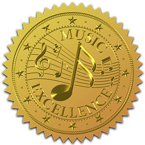 CRASPIRE 2" Music Note Gold Stickers Certificate Seals Embossed Reward Excellence 100pcs Foil Round Embossing Label for Wedding Envelopes Invitation Letter Card Diplomas Awards Graduation Celebration