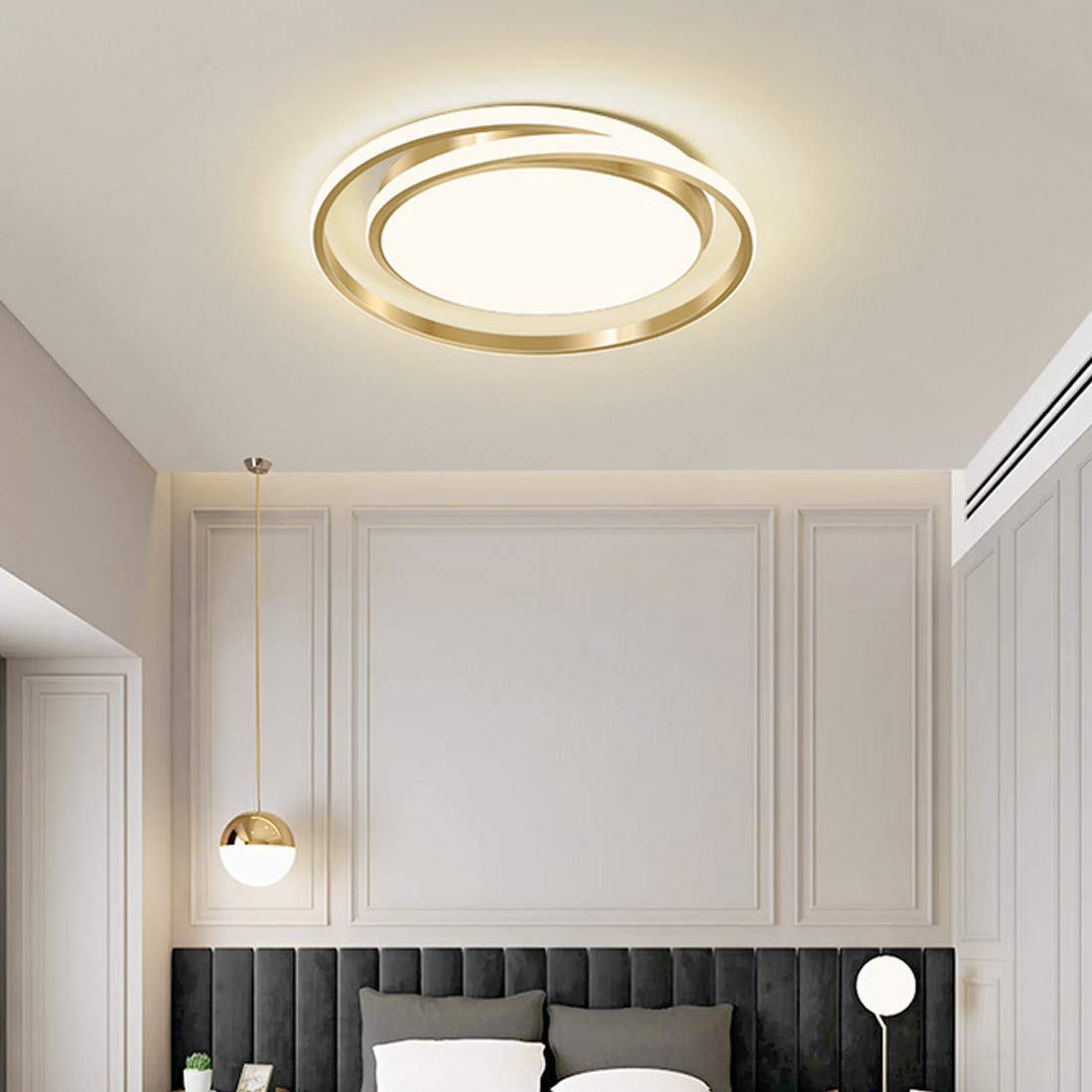 Schlafzimmer Deckenleuchte mit Fernbedienung, LED Dimmbar, Golden Deckenlampe Modern Wohnzimmer, Rund Ring Design, Minimalistisch Kronleuchter für Esszimmer Studierzimmer Art Deko Beleuchtung (Ø45cm)