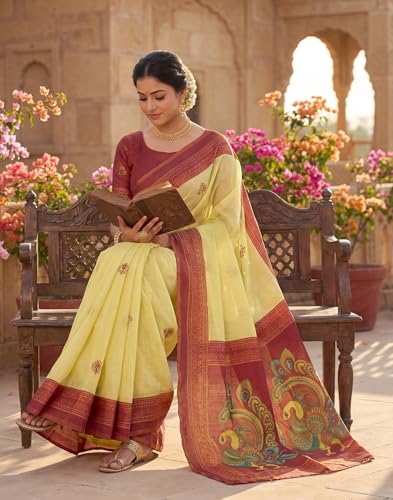 Image of SIRIL Women's Printed Cotton Linen One Minute Ready to Wear Saree With Unstitched Blouse Piece