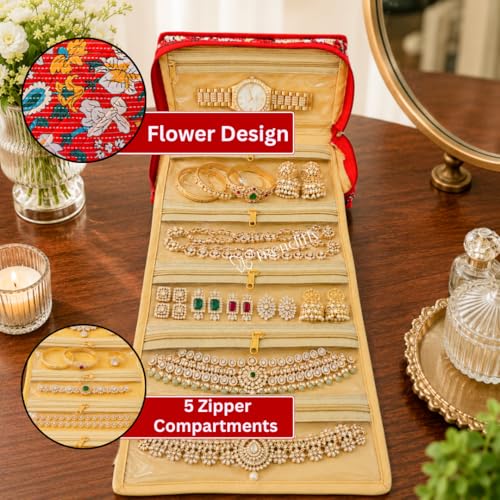 Image of Trendifly Embroidery Sling Jewellery Organiser Storage Bag Pouch for women & girls | Bank Locker jewelry Organizer | Earring Necklace Bangles Organiser for Travel & Gifting (Dark Red)