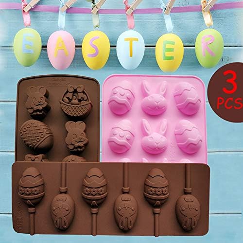 3pcs Easter Silicone Bunny Egg Candy Molds with 40 Lollipop Sticks for Chocolate Gummies or Fondant