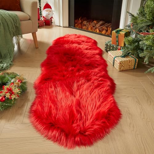 AMTOVO Faux Sheepskin Rug, Red Ultra Soft Fluffy...