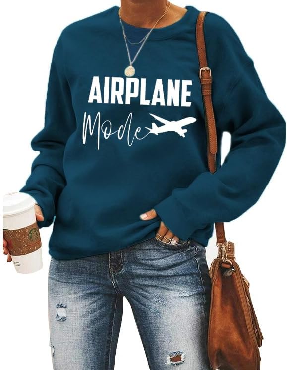 QIANRUOAirplane Mode Sweatshirt Women Funny Letter Printed Travel Tees Casual Long Sleeve Crewneck Pullover Tops