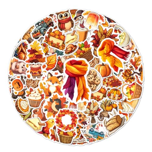 108 PCS Thanksgiving Vinyl Stickers Fall Pumpkin Turkey Maple Leaf Stickers for Water Bottle Laptop Scrapbook Autumn Holiday Party Favors for Kids Teens Adults