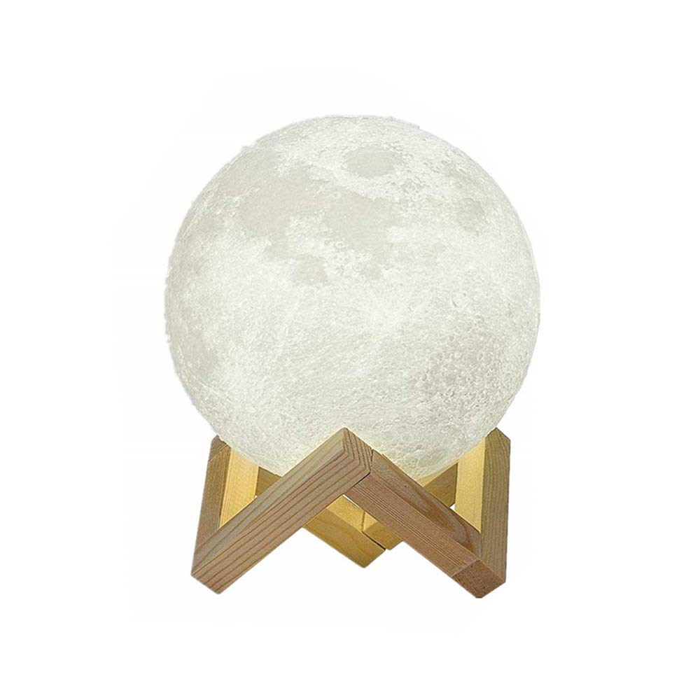 Morbuy LED Noche Proyección 3D Luna, Lámpara de Noche Realista 3D Impresión Recargable Control táctil Luminosidad Dos Tonos con Estante de Madera (20cm /7.87inch)