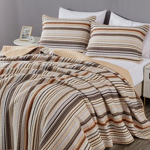 Image of Chezmoi Collection Avery Striped Cotton Quilt Set Queen Size, 3-Piece Soft Pre-Washed 100% Cotton Quilt, Multi-Color Brown