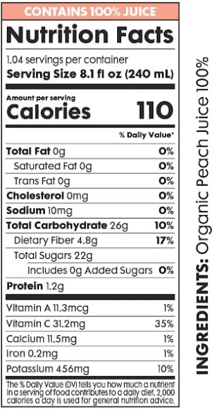 Image of Pomona Organic Peach Juice (Pack of 12), Cold Pressed USDA Organic Juices, 100% Peaches, No Added Sugar, Not From Concentrate, Vegan, Kosher, Non GMO, Pasteurized, 8.4 oz Glass Bottles