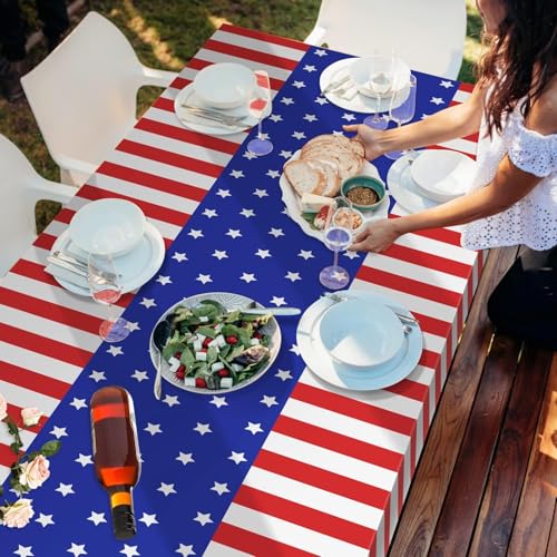 Image of 2 Pack Patriotic Tablecloths,Patriotic Decorations,American Flag Tablecloth | 54 inch x 108 inch Disposable Plastic Tablecloths for Party Supplies,Red White and Blue Tablecloth for 4th Of July Veterans Memorial