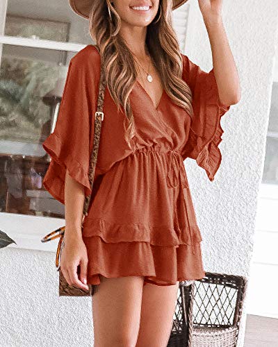 Valphsio Womens V Neck Beach Romper Ruffle Layered Drawstring Waisted Shorts Jumpsuit - Image 3