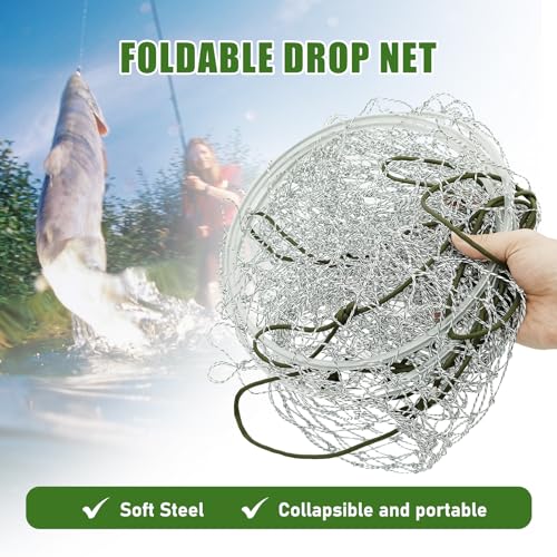 Portable Bridge and Pier Fishing Net with Rope Net, 32" Heavy-Duty Foldable Fishing Cast Nylon Mesh Drop Landing Net for Fishing Pier Crab by Sadoia - Image 3