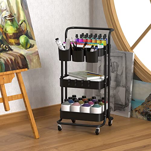 Alvorog 3-Tier Rolling Utility Cart Movable Storage Organizer Shelves With Wheels And Hanging Cups Multifunctional Service Cart For Kitchen, Office, Coffee Bar-Black #TOP6