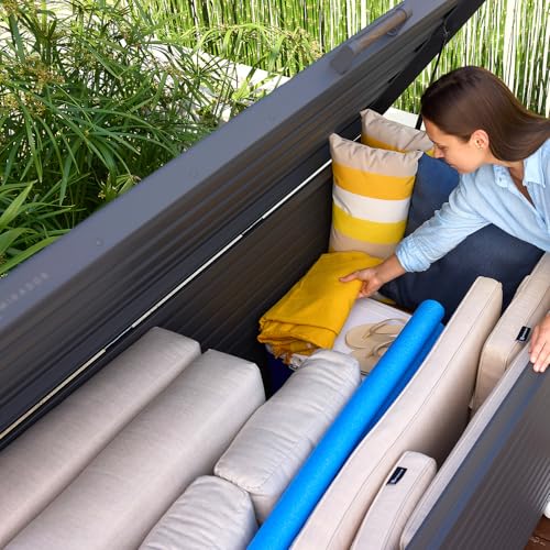 Image of MIRADOR 281 Gallon Outdoor Storage Box with Wheels & Soft-Close Lid, Waterproof Metal Deck Box for Patio Cushions, Garden Tools & Pool Accessories, Charcoal