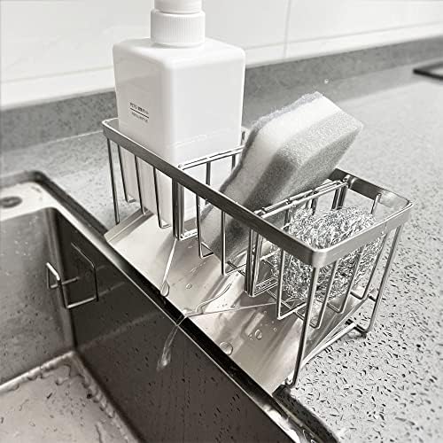 Sponge Holder for Kitchen Sink by IRONA, Stainless Steel Sponge Rack with Auto Overflow, Multifunctional Kitchen Sink Caddy Organizer, Soap Dish Dispenser Brush Holder, Sponge Drying Rack
