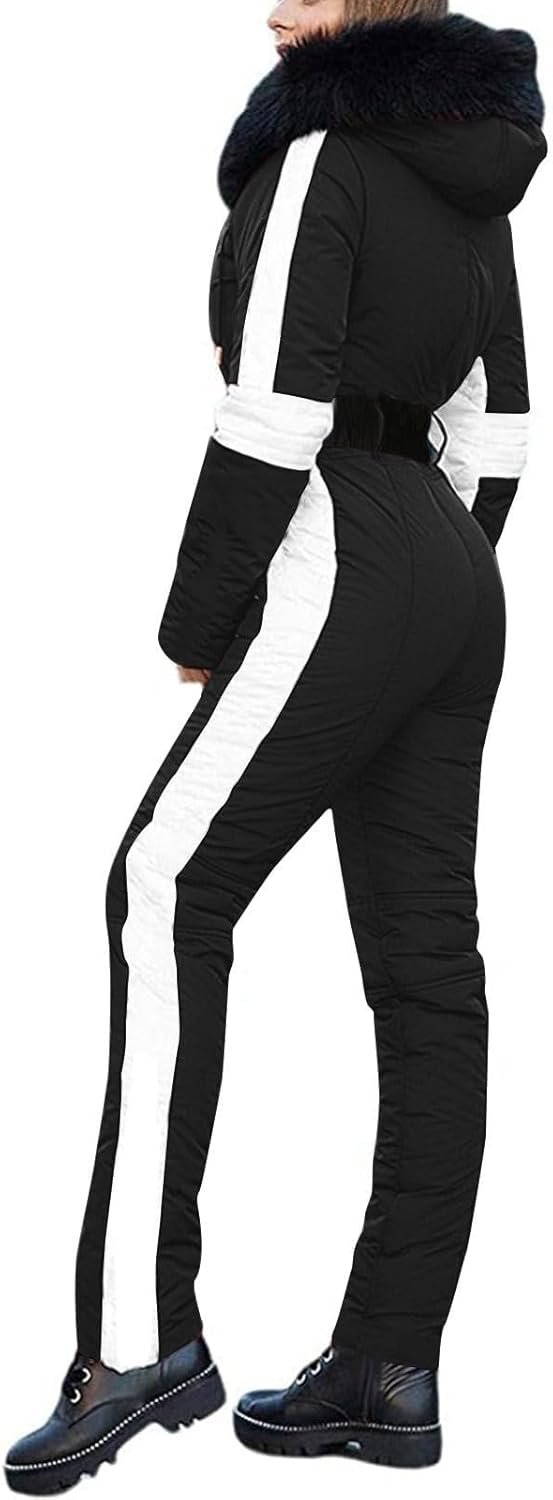 One Piece Snow Suits for Women Onesies Ski Suit Waterproof Windproof Hooded Snowsuit Faux Fur Collar Coat Jumpsuit