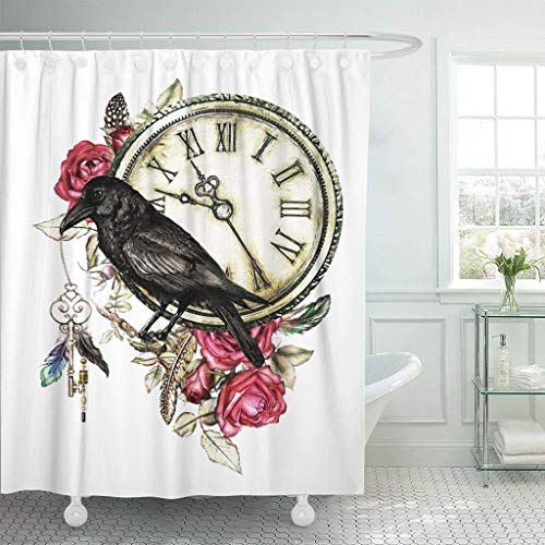 GETTOGET Black Watercolor with Crow Red Roses Clock Keys and Feathers Gothic