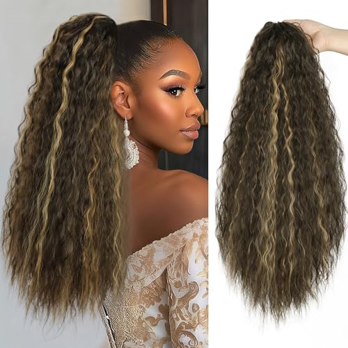 AISI BEAUTY 22 Inch Drawstring Curly Wave Long Ponytail Extension Synthetic Corn Wavy Drawstring Extensions Hair Pieces for Women (8/27#)