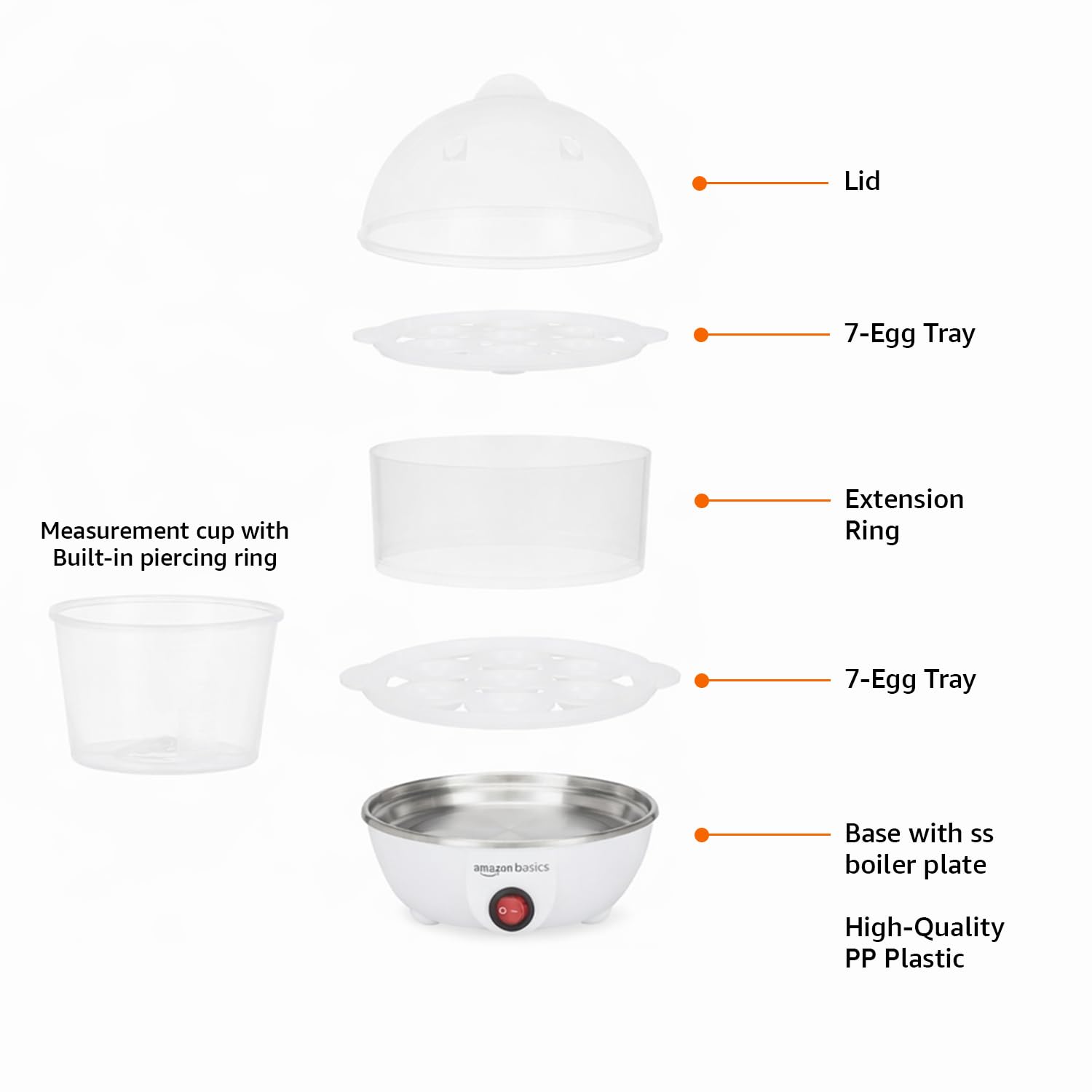 amazon basics Double Decker Egg Boiler | 350 Watt | Boils Upto 14 Eggs | 3 Boiling Modes, Overheat Protection | Stainless Steel Heating Plate, Measuring Cup | 500 ml | Durable | Plastic | White 3