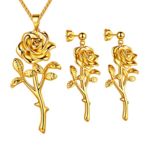 Beautlace Rose Necklaces/Stud Earrings 18K Gold Plated Flower Jewelry Set Elegant Jewelry Gifts for Women KS0015Y