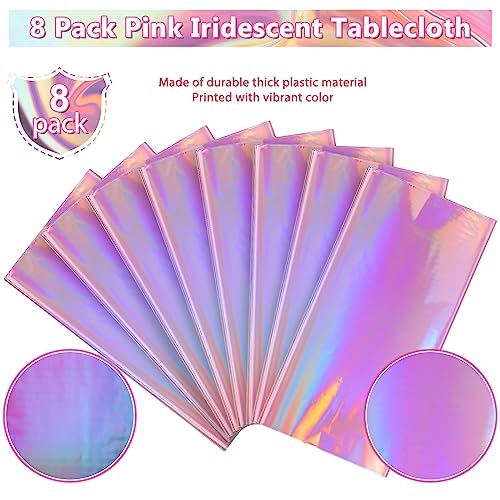 Image of 8 Pack Iridescent Pink Plastic Tablecloths, FunnyPars Shiny Disposable Laser Rectangle Table Covers, Holographic Foil Tablecloth Iridescent Party Decorations for Kpop Birthday Wedding Xmas, 54x108Inch