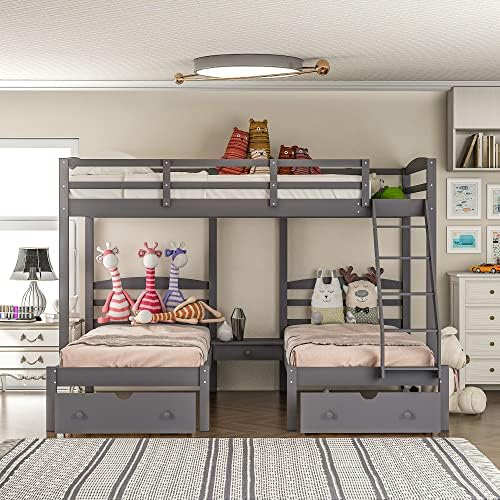 Triple Bunk Bed Full Over 2 Twin Bunk Bed with 3 Drawers and Guardrails, Bunk Bed for Family, Teens, No Box Spring Needed