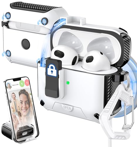 MHYALUDO Capa para AirPods 3ª geração, compatível com Magsafe, trava automática magnética, porta de carregamento à prova de poeira e design de suporte com kit de limpeza, armadura preta/branca de neve