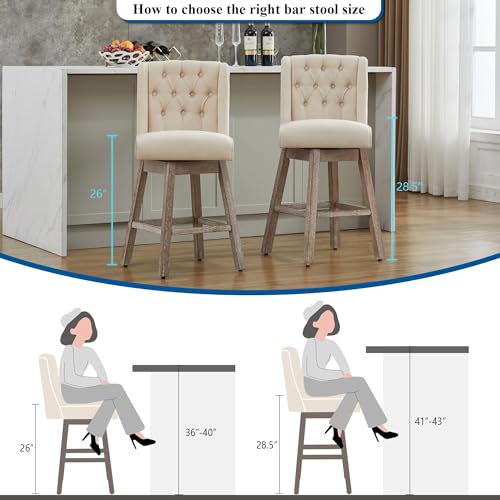 Image of 28.5 inch Swivel Bar Stools Set of 2, Counter Height Barstools with Back, Linen Fabric Upholstered Bar Stools, Modern Barstools Wood Legs for Kitchen Island Dining Room Bar