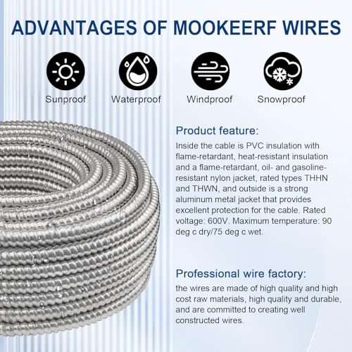 Image of MOOKEERF 8 /3 MC Cable with Ground - 75FT Pure Copper 8AWG /3 Metal Clad Wire with Aluminum Armor 8 Gauge 3 Conductor Type MC Alum Cable