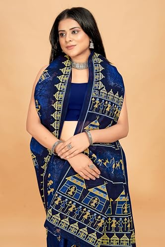 Tamaira Fashion Women's Warli Printed Pure Cotton Mulmul Saree Without Blouse Piece(11582_Indigoblue)