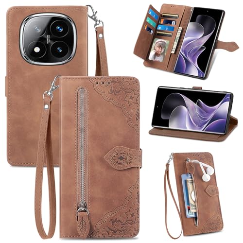 Cover per Xiaomi Redmi Note 14 Pro 5G POCO X7 Custodia a Libro pelle PU Flip Case con Porta Carte Chiusura Magnetica e Cinturino Disegni di Fiori Portafoglio Antiurto Marrone