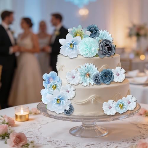 27 Pcs Faux Flowers Small Artificial Flower for DIY Craft Supplies for Wedding Party Graduation Home Decor (27, Blue) image 3