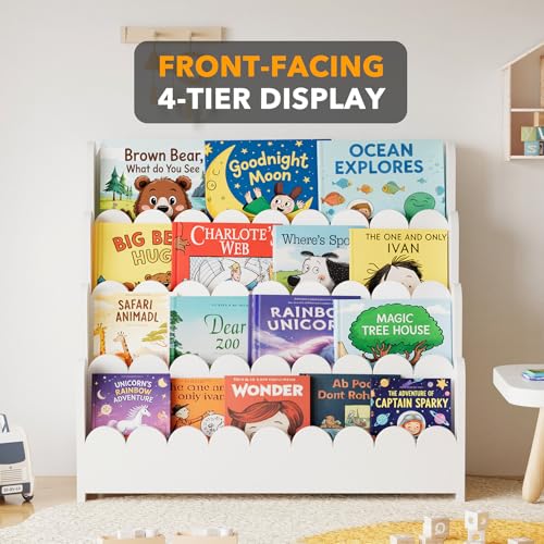 Image of SpaceAid 4-Tier Scalloped Bookshelf, Montessori Bookcase for Toddlers, Wooden Book Shelf Organizer Display Furniture for Kids Rooms, Playroom, Nursery and Classroom, 29.6 inch Wide, White