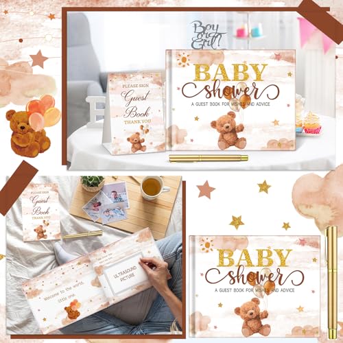 Image of Fuyoooo 27 Pcs Brown Bear Baby Shower Guest Book Set Baby Shower Sign in Guest Floral Book Place Table Cards with Gold Pen Adhesive Photo Corner for Birthday Party
