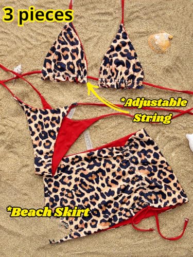 Womens 3 Piece Leopard Bikini Set,Triangle String High Cut Thong Sexy Swimsuit & Coverup Skirt,Pool Party Outfit3