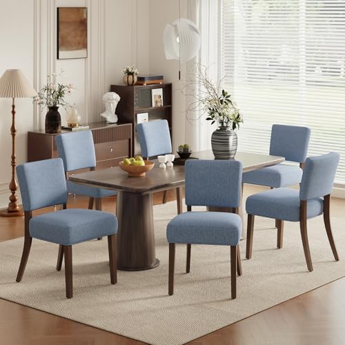 Image of COLAMY Mid Century Modern Dining Chairs Set of 6, Upholstered Kitchen Chairs with Open Back, Farmhouse Fabric Side Dining Room Chairs with Wood Legs for Dining Room Kitchen Restaurant, Blue