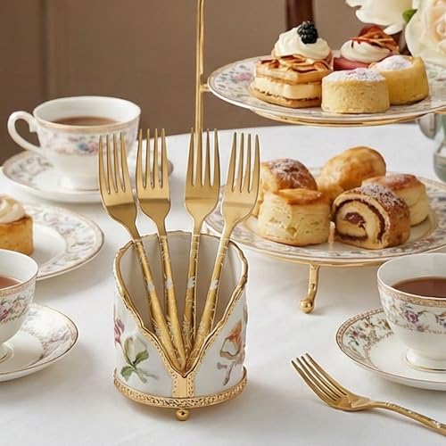 Image of 8.1 inch Aurum Gold Dinner Forks with Floral Printed Handle | 5-Piece Premium Stainless Steel Flatware Set | Elegant Dishwasher-Safe Cutlery for Home, Restaurants, and Gift Giving