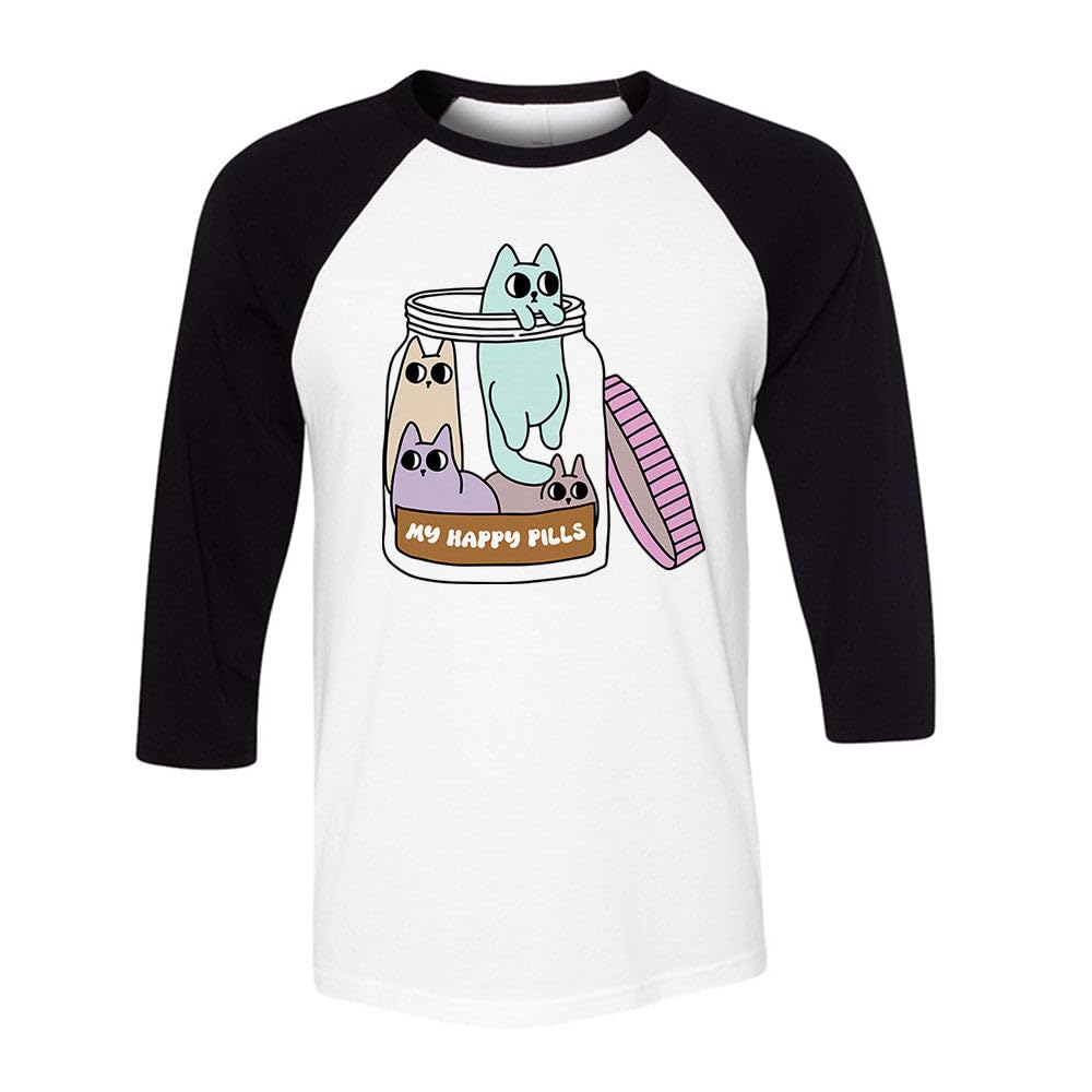 Cats My Happy Pills Three-Quarter Raglan Sleeve Baseball Shirt Unisex X-Small White/Black