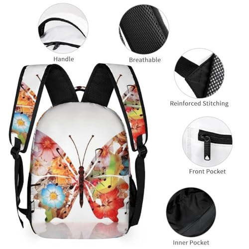 Music Butterfly Backpack Set 3 Piece, Durable Backpack Insulated Lunch Bag Portable Pencil Case for Men Women3