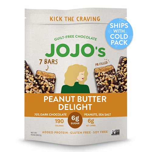 JOJO's Dark Chocolate Bars with Plant Based Protein, Low Sugar, Low Carb, Vegan, Paleo & Keto Friendly, Healthy Snack, Peanut Butter Delight, 8.4oz Bag (7 Bars) JOJO's Dark Chocolate Bars with Plant Based Protein, Low Sugar, Low Carb, Vegan, Paleo & Keto Friendly, Healthy Snack, Peanut Butter Delight, 8.4oz Bag (7 Bars)