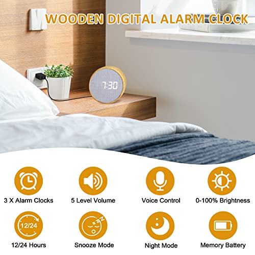 Szelam Digital Alarm Clock,Round Wooden Desk Clocks,With 3 Alarms,Sound Control,0-100% Dimmer,Moden Led Electronic Clock For Bedroom Table Bedside Decor #TOP1