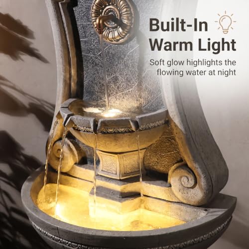 Image of Bumilgar 49.8 inch Outdoor European Resin Wall Fountain with LED Lights, Sunflower Spout & Gold Trim Fountain Freestanding, Cascading Light Gray Scroll Arch Waterfall Feature for Patio