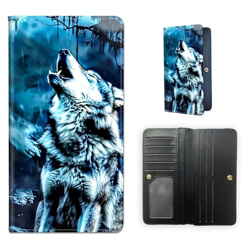 RFID Blocking Leather Wallet for Women and Men, Wolf Howling Compact Bifold Credit Card Holder with RFID Protection, Small Ladies Slim Minimalist Wallet