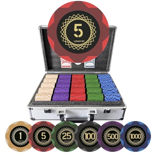 LOYCHIP [Brand] 1000 Piece Poker Chip Set 14g Clay Composite with Iron Core for Texas Holdem Blackjack Casino Gaming Numbered Values with Aluminum Case and Metal Dealer Button