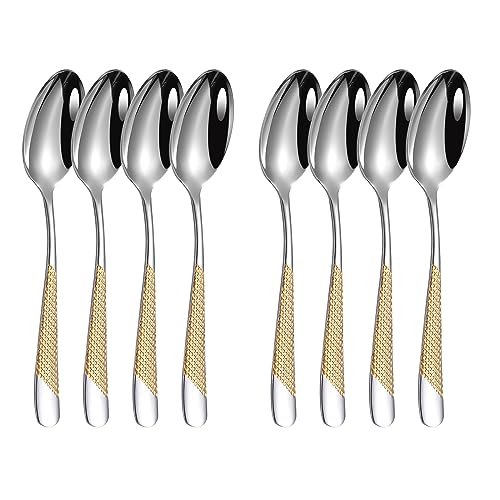 Snplowum Dinner Spoons Set of 8, Mirror Soup Spoons Stainless Steel Portable Table Spoons, Silver With Gold, 8.07-Inch