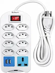 B-max Régua Extensão Filtro de Linha 8 Tomadas + 2 USB + 1 Triângulo Cabo 5Metros Bivolt 110/220v Botão Liga e Desliga Certificação INMETRO Branco