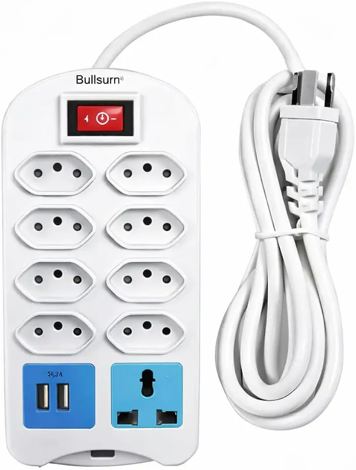 B-max Régua Extensão Filtro de Linha 8 Tomadas + 2 USB + 1 Triângulo Cabo 5Metros Bivolt 110/220v Botão Liga e Desliga Certificação INMETRO Branco