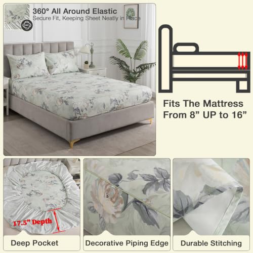 Image of Sage Green Floral Percale Sheets California King Deep Pocket, 4Pcs | 100% Cotton Neutral Printed Sheet Set, Flower Leaf Farmhouse Bed Sheets, Vintage Designer Bedding, Shabby Chic, Aesthetic