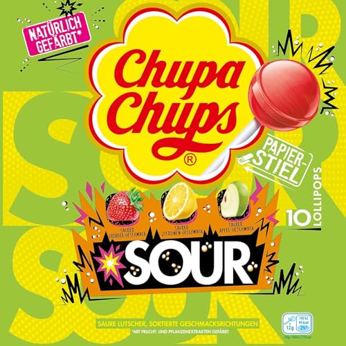 Chupa Chups saure Lutscher, Nachfüll-Beutel mit 10 extra sauren Frucht-Lollis in den drei Geschmacksrichtungen Apfel, Erdbeere, Zitrone, geeignet für Geburtstag, 10 x 12g